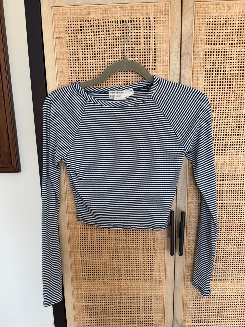 Urban Renewal Navy & White Striped Long Sleeve Crop Top - Fitted Crew